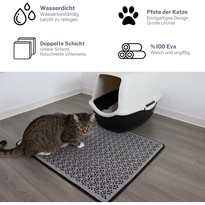 Килимок під лоток для котів, великий XXL, вологостійкий, двошаровий, EVA, 60x74 см, чорний/сірий