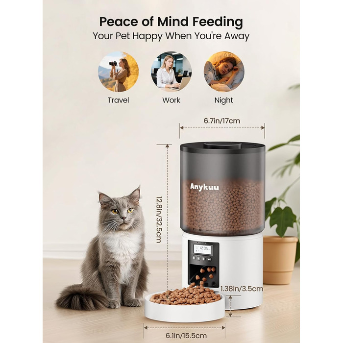 Автоматичний годівниця для котів та собак Anykuu 4L з таймером та контролем порцій. Автоматичний диспенсер для сухого корму з функцією запису (10с) для маленьких та середніх тварин, білий