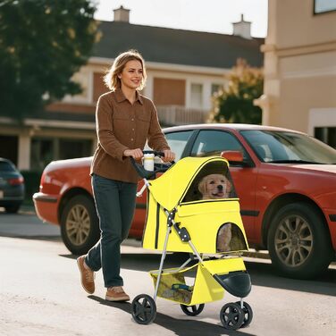 Дитяча коляска для котів та собак, 3 колеса, жовта. Коляска для тварин середнього розміру та цуценят, 13,6 кг, з кошиком для зберігання та тримачем для напоїв