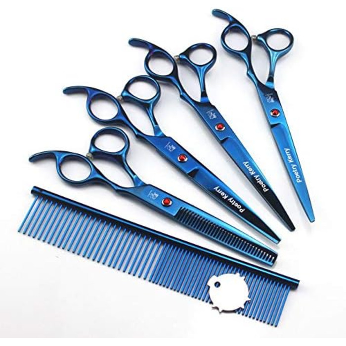 Набір для грумінгу тварин: 5 предметів. Тримерні ножиці для собак, котів та інших тварин. Набір містить: ножиці, витончувальні ножиці, вигнуті ножиці, гребінець для грумінгу, шкіряна сумка (блакитний)
