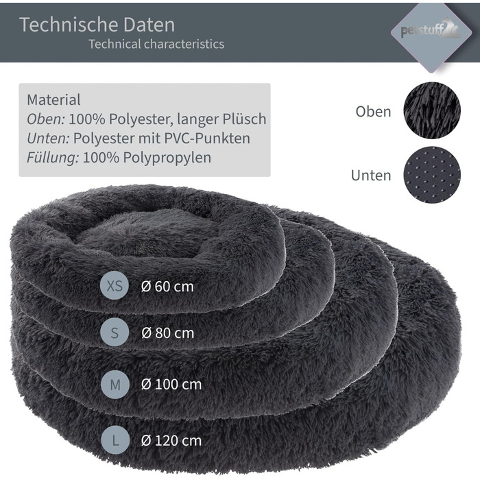 Кругле собаче ліжко з антиковзким покриттям, колір та розмір на вибір, діаметр 120 см, темно-сірий