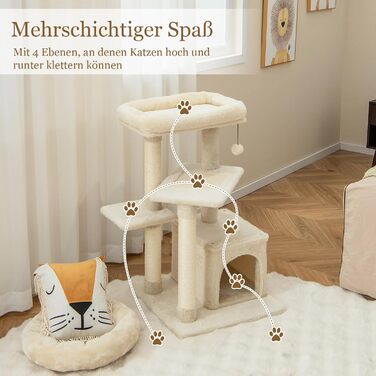 Дерев'яний кігтеточка для котів Costway 85 см з будиночком, м'яким сидінням та іграшкою, бежевий