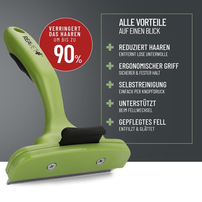 Гребінець для вичісування підшерстя ReaVET для собак та котів з короткою шерстю, середніх порід. Видаляє підшерстя, доглядає за верхнім шаром шерсті, з кнопкою самоочищення. Ідеально для сезонного линяння. (Великий, L)