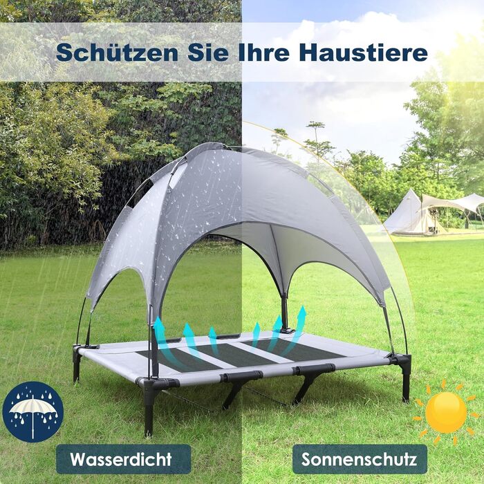Підвищене ліжко для собак UISEBER 92x76x92 см, Outdoor, з дахом, до 50 кг, вологостійке, сіре+чорне (XL)