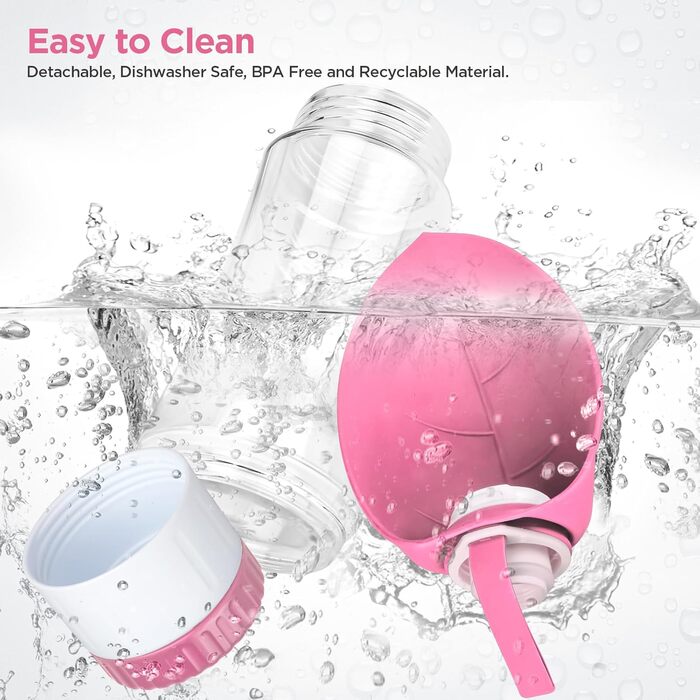 Водяна пляшка для собак Uppetly з мискою, вилка-дозатор, витокозахисна, BPA-free, для прогулянок, рожева (590 г)