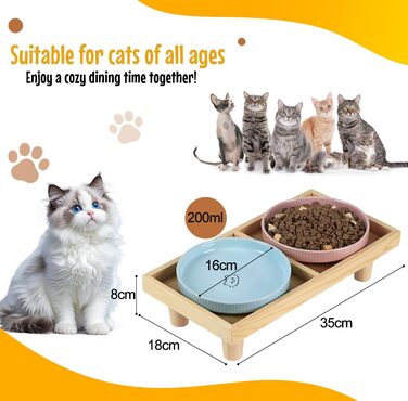 Миска для котів плоска керамічна з дерев'яною підставкою, піднята станція для годування з 2 керамічними мисками, миска для котів, діаметр миски 16 см для їжі та води, рожева & блакитна, блакитно-рожева