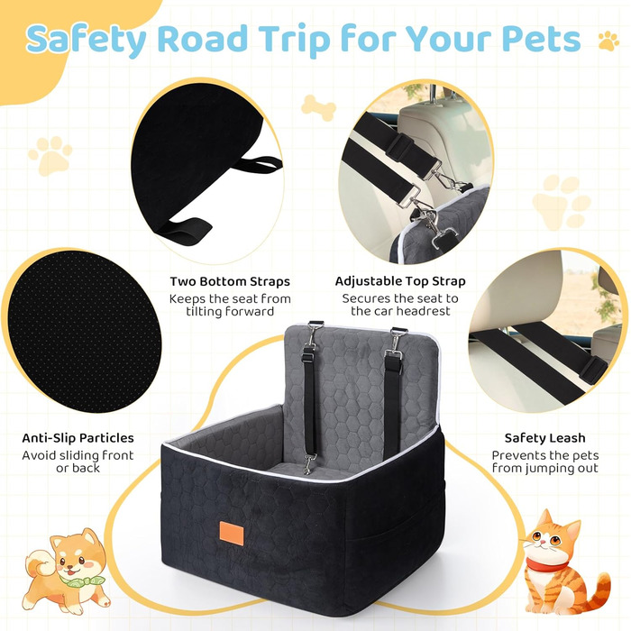 Автомобільний лежак для собак середніх та маленьких порід (до 13.6 кг), 52x52x50 см, з м'якою піною Memory Foam та кріпленням для безпеки