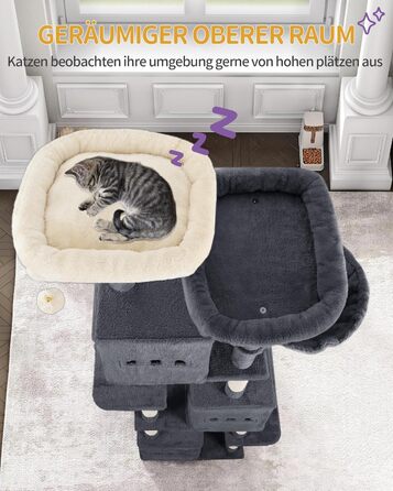 Великий котячий будиночок-кліматизатор, 193 см, XXL, з 7 стовпчиками для шліфування, 3 будиночками, 2 платформами, 2 плюшевими кульками, корзиною, мотузкою для лазіння, багатоповерховий, MS19218LG (темно-сірий)