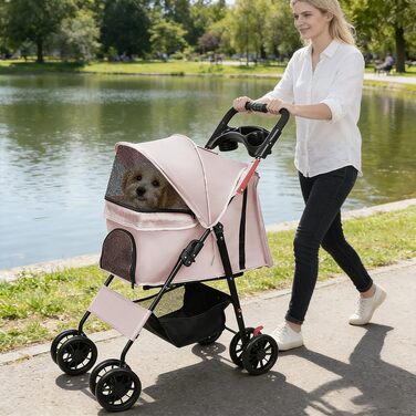 Дитяча коляска для собак та котів Homewell, складана, до 20 кг, з ременями на плече, багажником та тримачем для напоїв (Рожева)