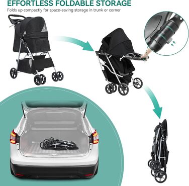 Візок для собак YITAHOME, середній розмір, 4 колеса, з кошиком для зберігання, складаний, з тримачем для напоїв (чорний, без дощового покриття)