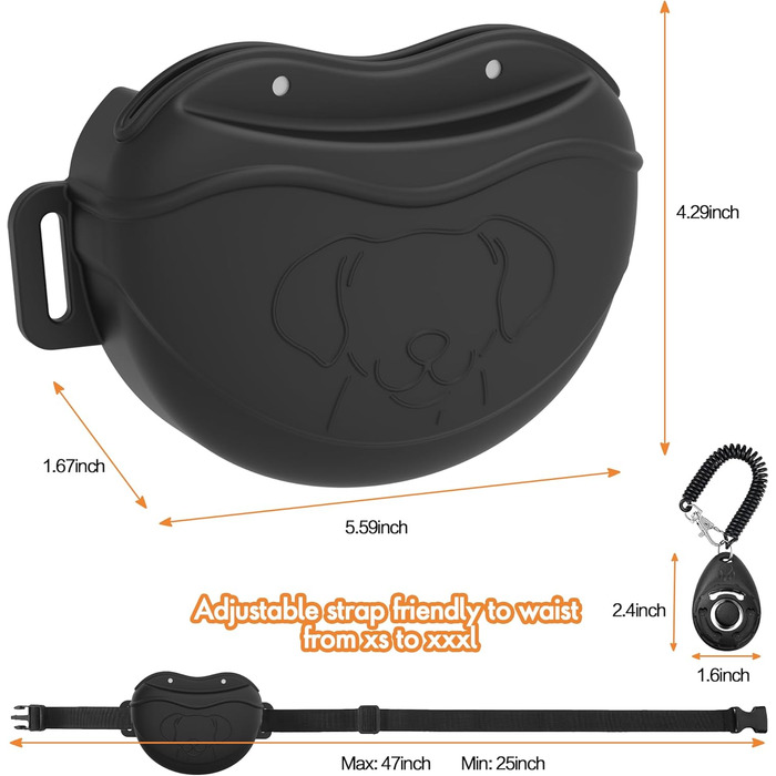 Сумка для ласощів для собак AWINNER – преміум силікон, 4 сильних магніти, регульований поясний ремінь – ідеально для дресирування цуценят та прогулянок на вулиці (чорний)