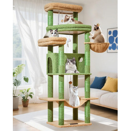 Когтеточка для котів Taoqimiao 180 см XXL, великий котячий комплекс для Maine Coon з будиночком, гамаком, великою платформою, 9 стійок для дряпання, кошиком, зелений