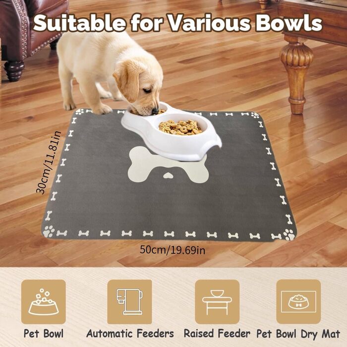 Килимок для годівлі собак та котів, 60 x 40 см, вбираючий, неслизький, великий, легко миється, швидко сохне (темно-сірий)