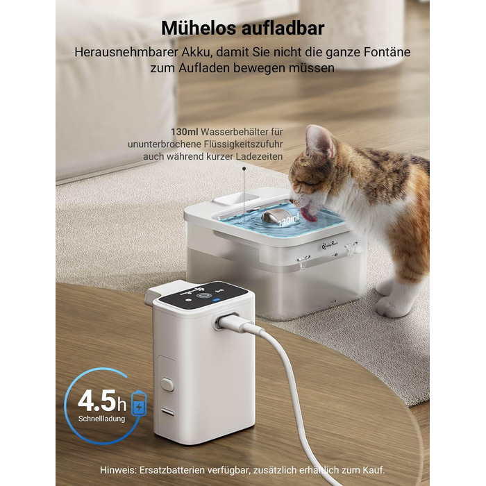 Бездротовий фонтан для котів DownyPaws 2,5 л з датчиком руху, акумулятором 4000 мА·год, тиха помпа та лоток з нержавіючої сталі, білий