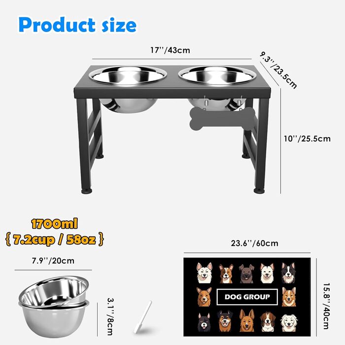 Підвищені годівниці для собак великих та екстра-великих порід, підставка для мисок з нержавіючої сталі (2 шт.) об'ємом 2,863 г та не проливаючим килимком, годівниця висотою 43,2 см для великих порід. Висота: 43 см (Висота мисок: 25 см, Чорний, L)