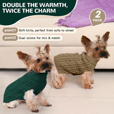 Пуловер для собак маленьких порід, зимовий, з високим коміром, в'язаний, фліс, стрейч, для цуценят, дівчаток та хлопчиків, одяг для домашніх тварин (S, Рожевий та (Зелений та Коричневий, Small)