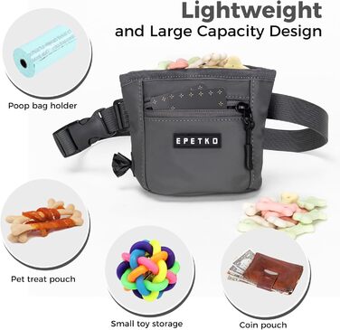 Сумка для ласощів для собак з металевим кліпом для ременя, міцна застібка-магніт, велика місткість, диспенсер для пакетів для екскрементів (темно-сірий)