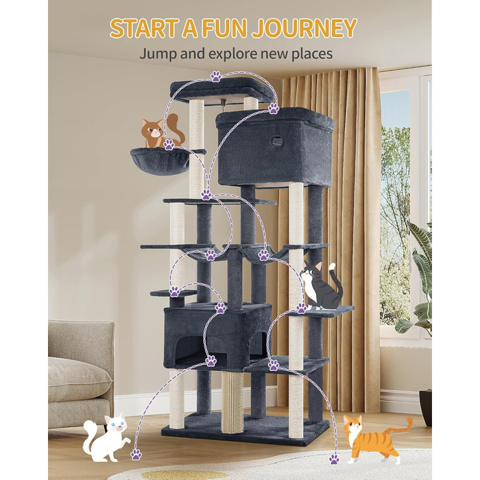 Декілька рівнева кігтеточка для котів Hzuaneri MS20018LG, 200 см, XXL, 10 стовпчиків, 2 печери, 2 гамаки, велика платформа, щітка для котів, кошик, для мейн-кунів та великих котів