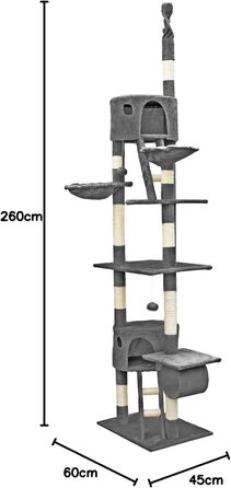 Котячий дряпак Wiltec 240-260 см, сірий, стельовий, з сизалем і гамаком