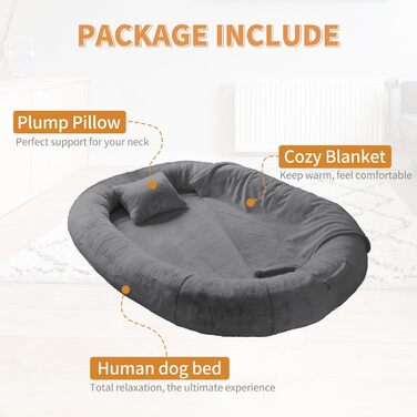 Крісло-мішок для собак та людей NESTROAD, 180x114x35 см, сірий, з штучним хутром, подушкою та ковдрою