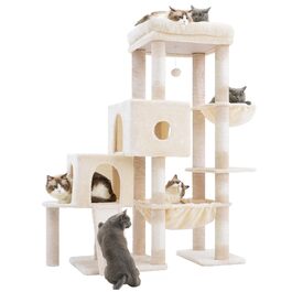 Котячий будиночок Hey-brother Kratzbaum: велика платформа, 2 печери, гамак, дряпальня з сизалю, кошик, 127 см, MPJ071W (Бежевий)