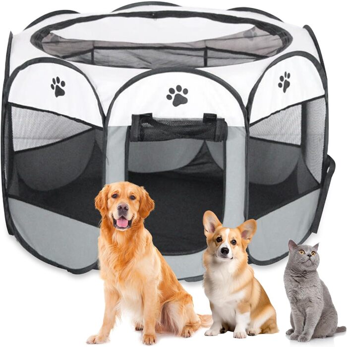 Складана переносна вольєр для цуценят та собак, 74x74x43 см, водовідштовхувальне полотно Oxford, сірий, M