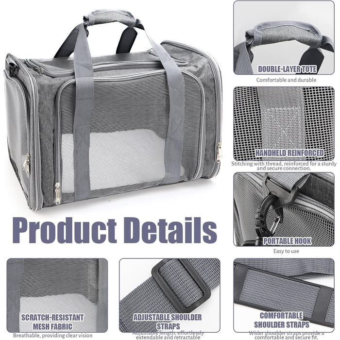 Транспортна сумка для кота/собаки: переноска для тварин, складана, сіра, 45x30x30 см