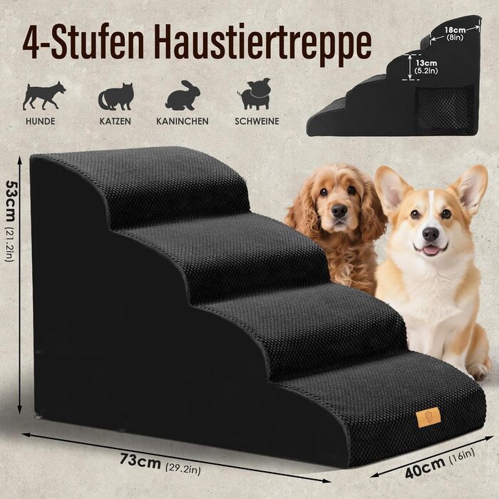 Сходинки для собак, 4 сходинки, знімний поручень, антиковзка поверхня, для ліжка та дивану, з високощільним губчастим наповнювачем (Чорний)