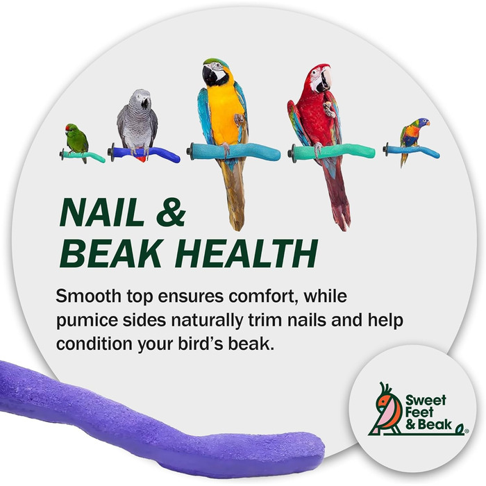 Безпечна пемзова жердина Sweet Feet and Beak для птахів, 30,5 см, фіолетова – підрізання кігтів і дзьоба, нетоксичний аксесуар для клітки, сприяє здоров'ю лап