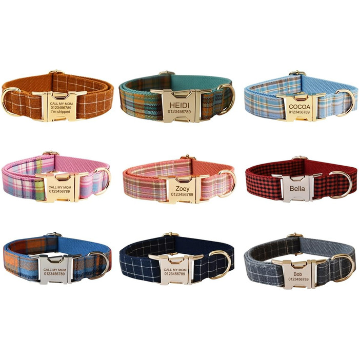 Іменний нашийник для собак з металевою застібкою: персоналізовані нашийники з гравіюванням імені, телефону та адреси, в клітинку