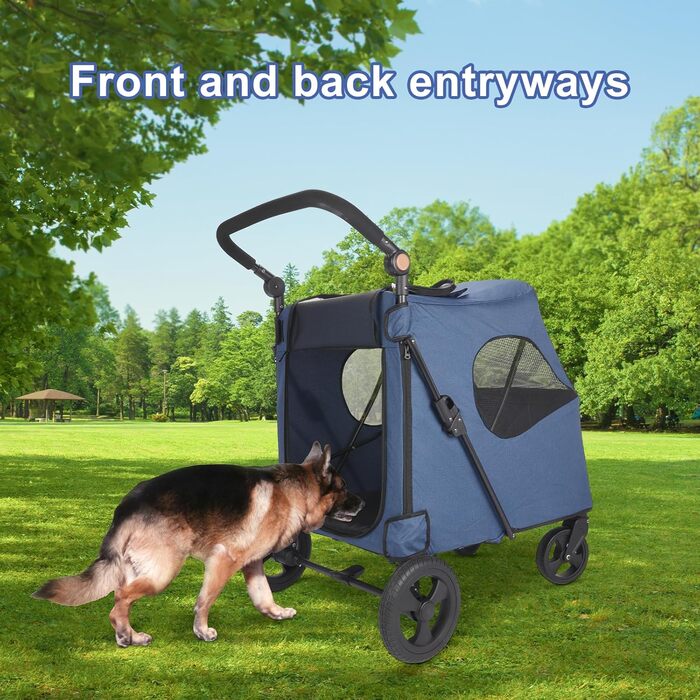 Трансформер для собак великих порід AESRAOU: візок-переноска з 4 колесами, регульована ручка, подвійна місткість, візок-джаггер з передніми дверцятами (Marine)