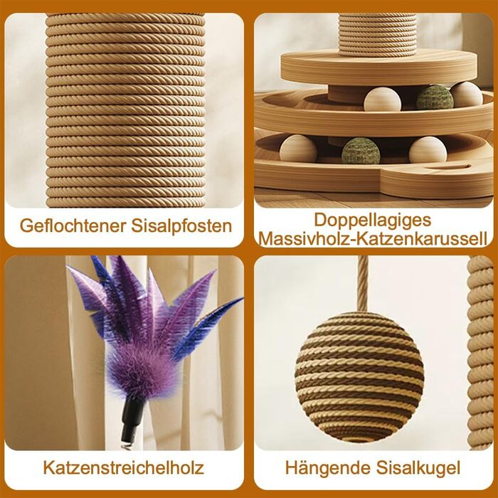 Іграшка для котів Accmuzzy 4 в 1: дерев'яна, з сизалевим мотузком, когтеточка з підвісними м'ячиками та котячою м'ятою (29 x 46 см)