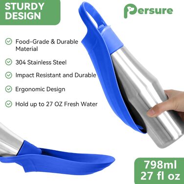 Водяна пляшка для собак, 765 мл, нержавіюча сталь, противитікання, для прогулянок та активного відпочинку (блакитна)