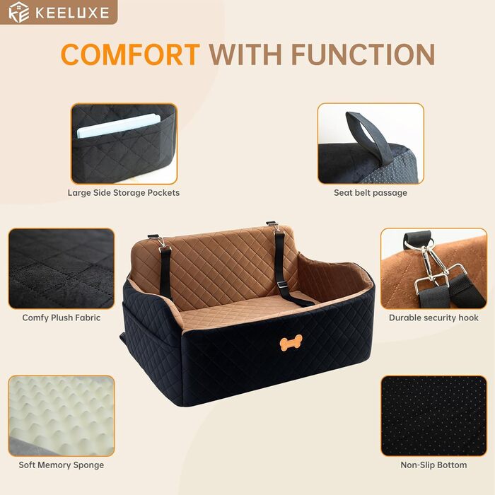 Підвищення для автокрісла для собак великих порід, для собак до 25 кг або 2 маленьких собак, м'яке авто-ліжко для собак з товстого Memory Foam, 2 страхувальні ремені та сумка для зберігання (Коричневий/Чорний)