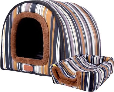 Лежанка для собак і котів Hongbi 2 в 1: хатинка та диван, знімний мат, блакитний з білим зірками (2XL, кольорові смужки)