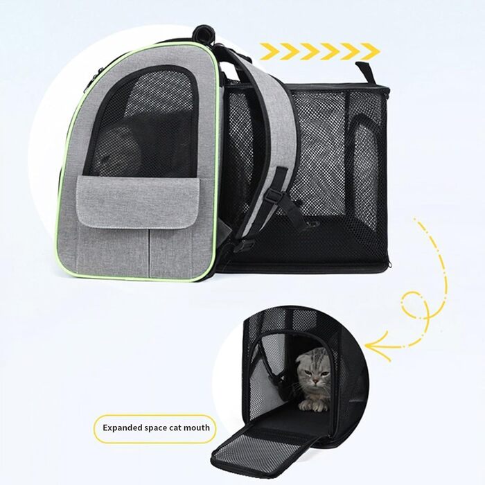 Рюкзак для котів | Переноска для собак, рюкзак для домашніх тварин, розширюваний, дихаючий, складаний, для подорожей, піших прогулянок, транспортування, сірий з зеленими вставками