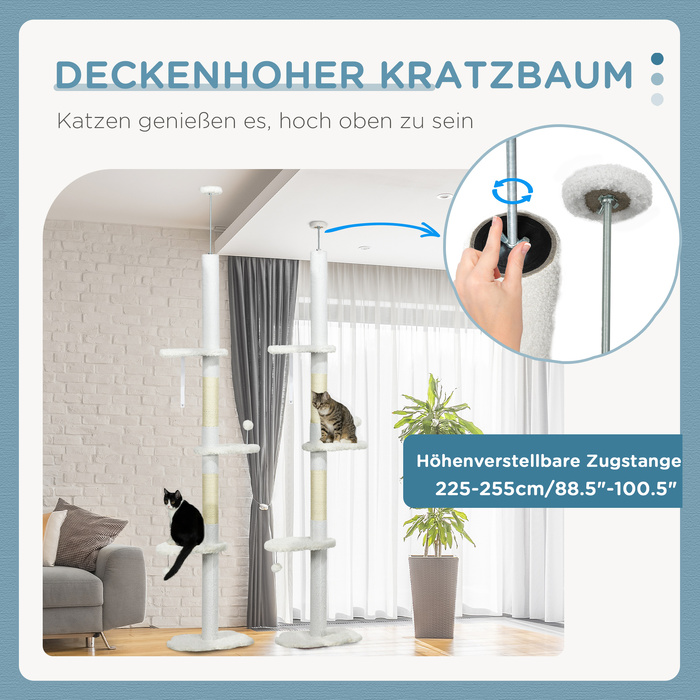 Високий когтеточка-комплекс до стелі (2,25-2,55 м) з платформами, захистом від перекидання та іграшками, білий