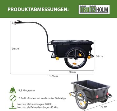 Причіп-вагон TRUTZHOLM 90 літрів для велосипеда: вантажний, з дахом та знімною ванною, чорний