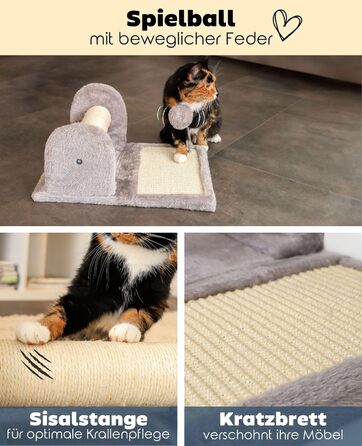 Котячий будиночок Lionto з дряпалкою, іграшкою та мотузкою, 40x30 см, сірий