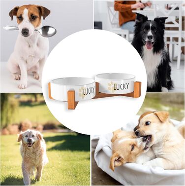 Персоналізована миска для собак OWLBOOK з ім'ям: миска для корму та води з кераміки та бамбука, 300 мл, з лапками