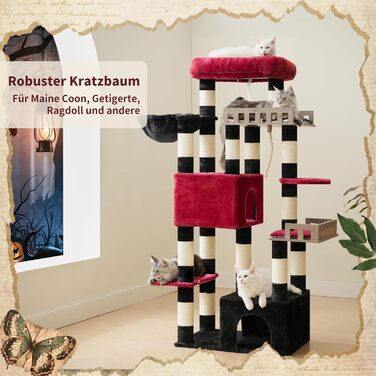 Котячий будиночок Kratzbaum: великий, з гамаком, 2 печери, 15 стовпчиків для дряпання (174см, чорний та червоний)