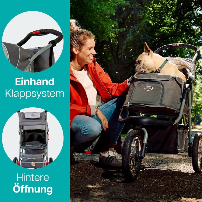 Візок для собак Innopet Comfort Air Eco чорного/срібного кольору – візок для собак/кішок з 30см повітряними колесами, складається однією рукою, підходить для лісових стежок – світловідбиваючі смуги, органайзер, перероблений нейлоновий матеріал (сірий)