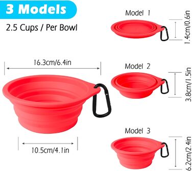 Складні миски для собак PetBonus, 2 шт. Силіконові миски для води та їжі для собак, портативні, витікають, з карабіном, для подорожей (600 мл, чорний, червоний)
