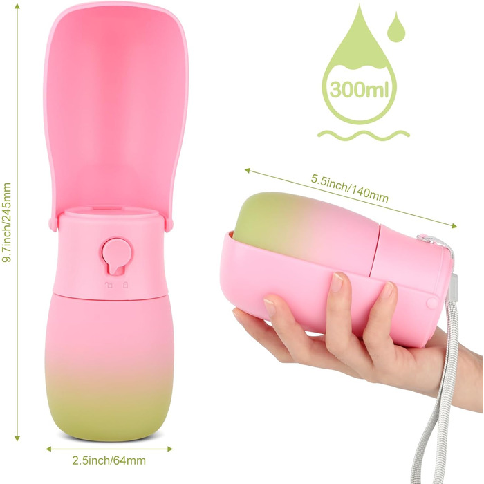 Подорожня пляшка для води для собак та котів JOPHEK 300мл з фільтром з активованого вугілля, зелено-рожева