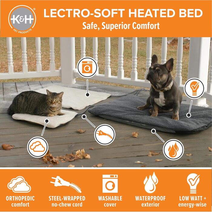 K&H Pet Products Лектро-Софт ортопедичне підігрівне ліжко для великих собак або кількох котів, безпечне, водонепроникне, м'яке, гнучке, знімний чохол, розмір L 91,4 см