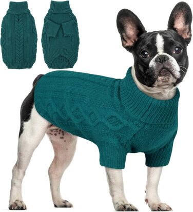 Теплий пуловер для собак середнього розміру з отвором для повідка, стильний собачий пуловер для Французького бульдога (Павіно-зелений M) M(Обхват грудей 44см, довжина спини 34см), Павіно-зелений