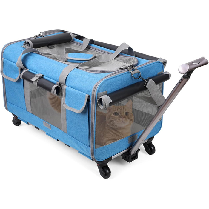 Транспортна сумка для кота PETCUTE з колесами, дихаюча переноска для 2 котів, складана переноска для собак з телескопічною ручкою, знімний килимок, ідеальна для подорожей (Блакитна)