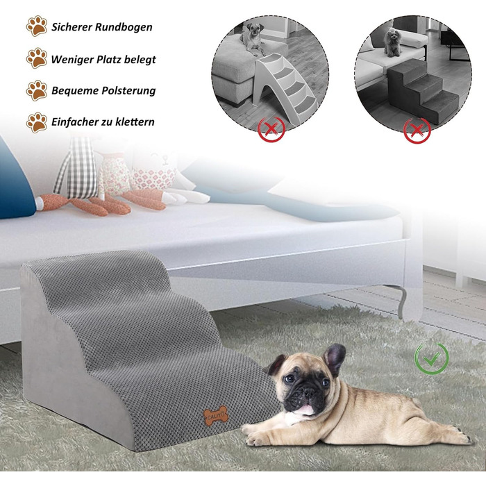 Сходинки для собак Caliyo, 3 сходинки, для маленьких собак, з високощільним губчастим матеріалом, знімний, washable cover, неслизьке дно (60 x 40 x 40 см, сірий)