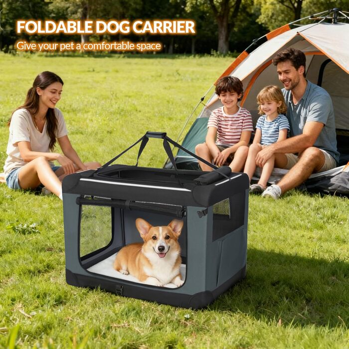 Транспортна переноска для собак Fobyfurny FPDT001OG1, 60x42x42 см, сіра, 60 л, з 3 дверима, дихаюча, з кишенями та світловідбиваючими елементами