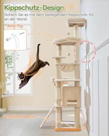 Когтеточка для котів Taoqimiao 183 см, велика, XXL, з будиночком, гамаком, когтеточками, платформою, MS045W (Бежева)